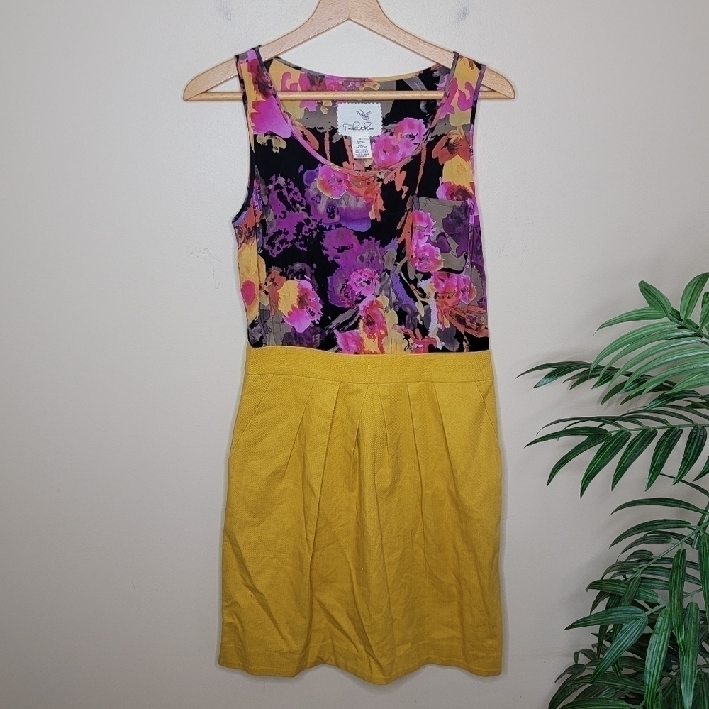 Anthropologie Tabitha Lila Silk Floral Mustard Skirt Sheath Dress Size 6